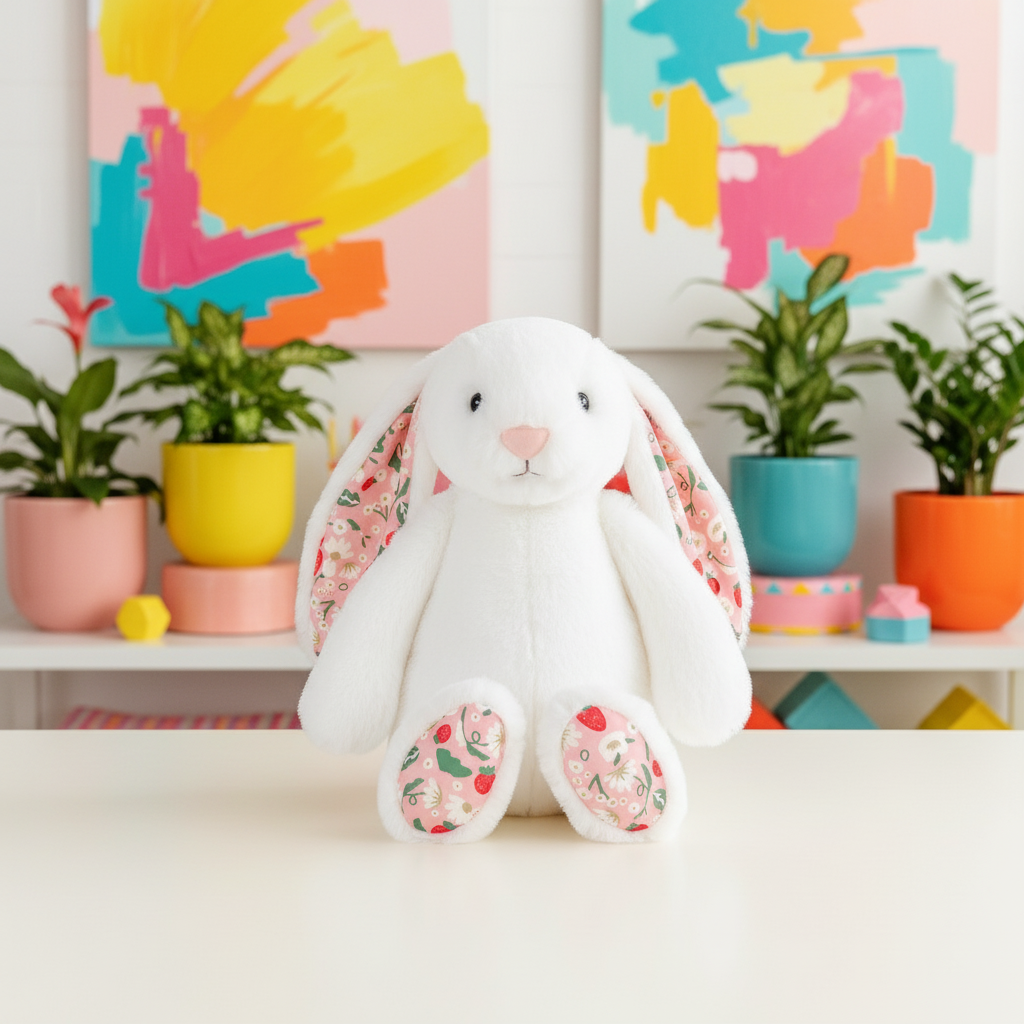 White plush bunny with floral patterns on a white surface with colorful abstract paintings and plants in the background.