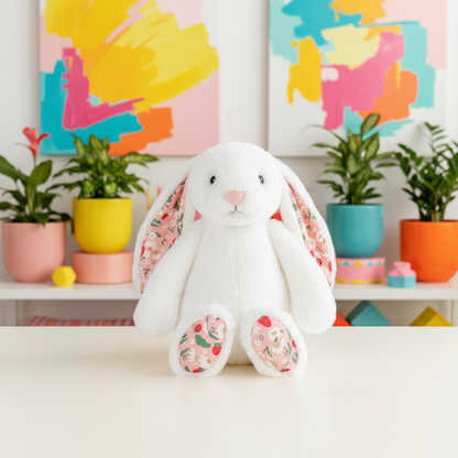 White plush bunny with floral patterns on a white surface with colorful abstract paintings and plants in the background.