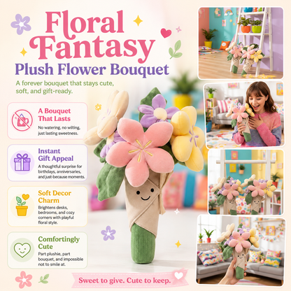 A promotional collage for a plush flower bouquet gift. The center shows a large assembled plush bouquet with oversized pastel flowers on a decorated gift box, while the surrounding panels show a woman holding it and several interior scenes with the bouquet in use.