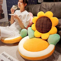 Flower Power Plush Chair Cushion sitting on having coffee