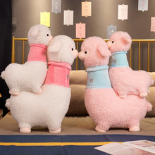 Two plush toys, one white and one pink, sitting on a surface with a blurred background.
