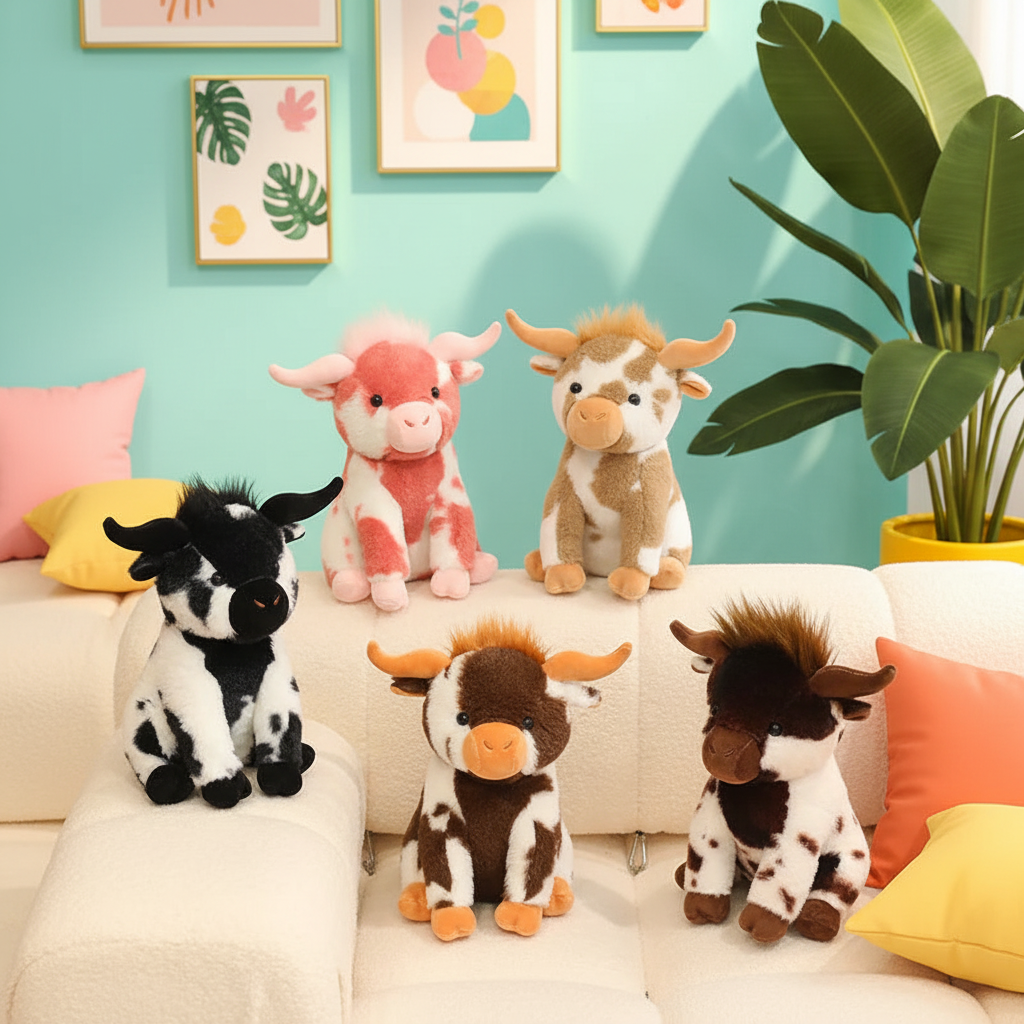 Four plush cow toys in different color and pattern designs arranged on a cream-colored sofa in a brightly lit room with a mint green wall, framed art, and a potted plant.