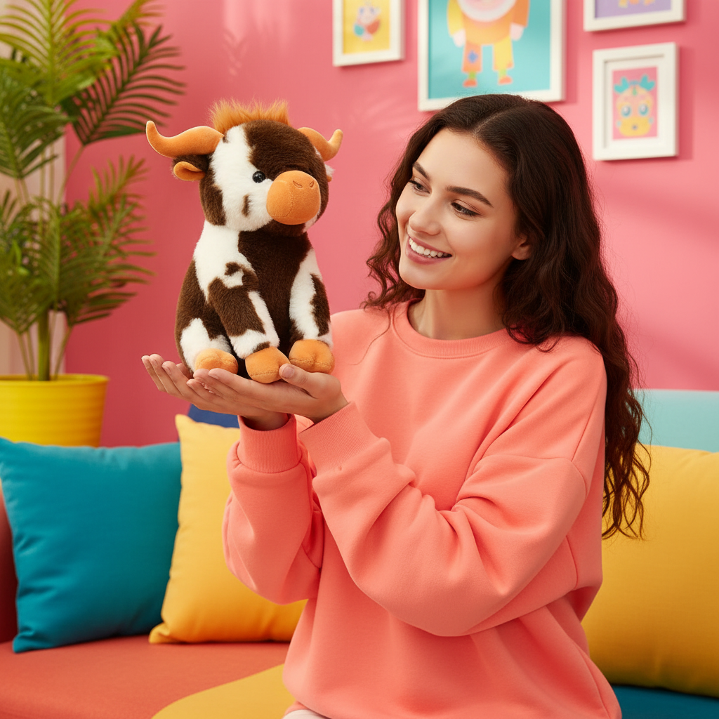 A woman in a coral sweatshirt holds a brown and white plush cow toy in a brightly lit room with a pink wall, colorful pillows, and framed art.