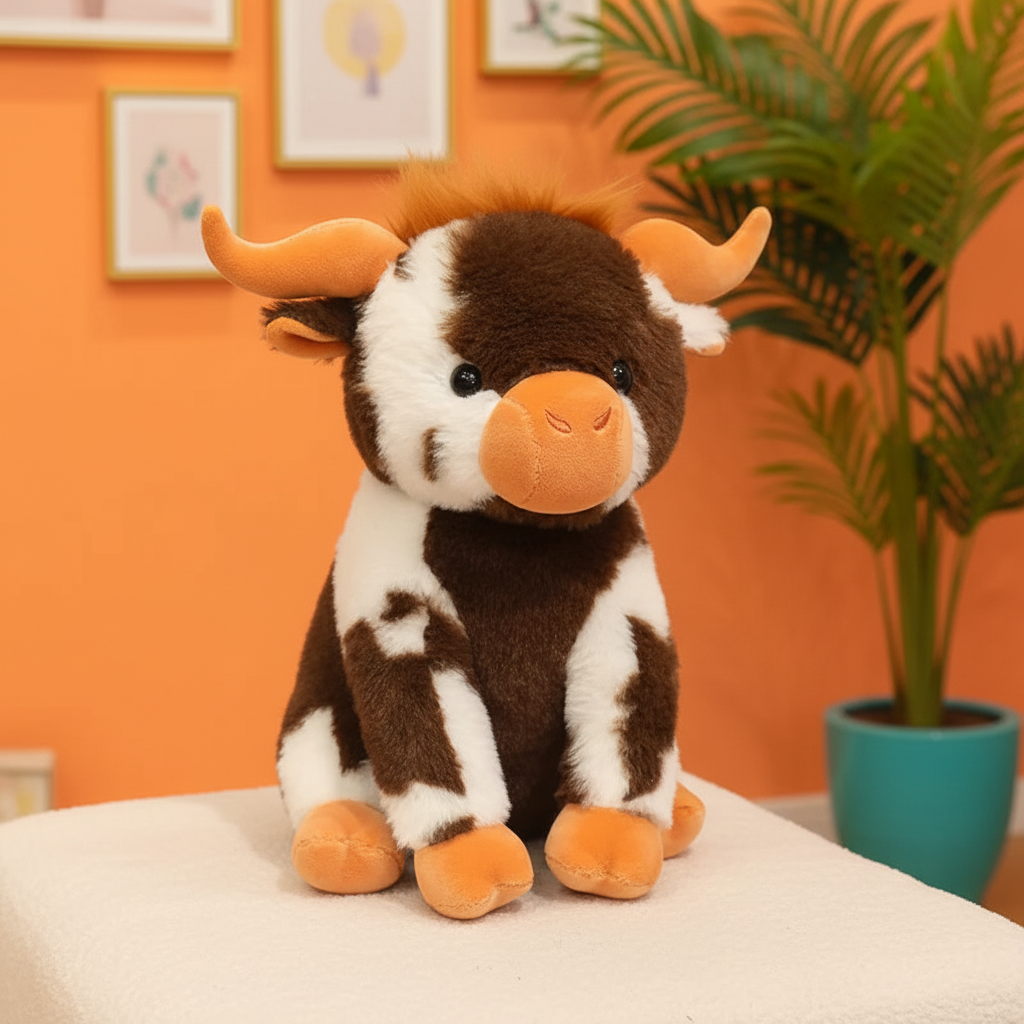A brown and white cow plush toy with orange horns and a peach-colored snout, sitting on a white surface against an orange wall with framed pictures and a potted plant in the background.
