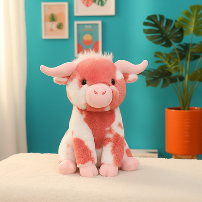 A pink and white plush highland cow sitting on a white textured surface, with a turquoise wall, framed art, and a potted green plant in the background.