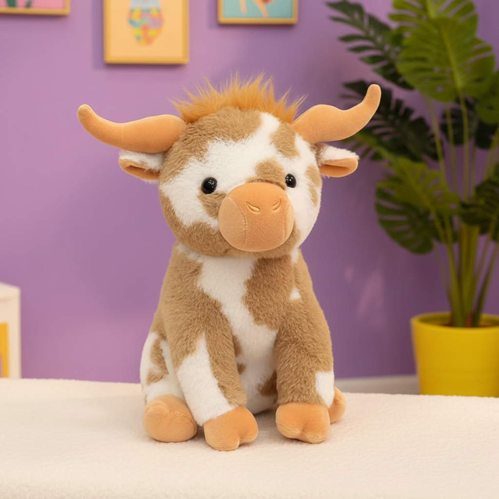 A plush toy cow with brown and white patches, standing on a white surface against a purple wall with framed art and a potted plant in the background.