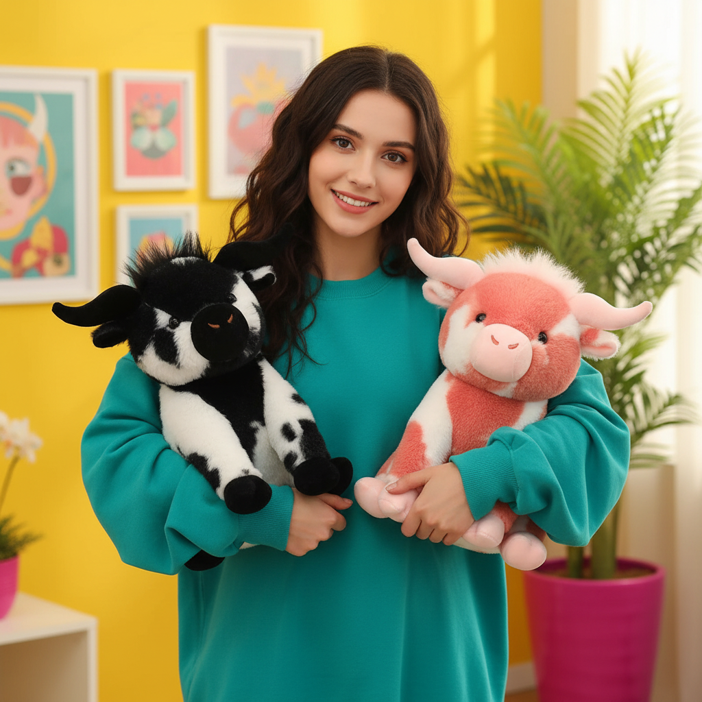 A smiling woman in a teal sweatshirt holds two plush cow toys against a bright yellow wall with framed art and a potted plant.