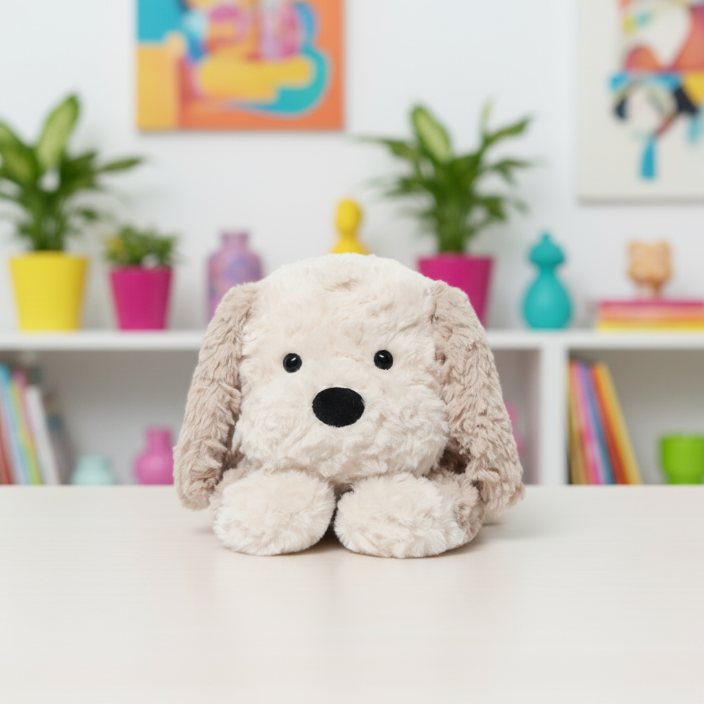 Plush dog toy on a white surface with a colorful background