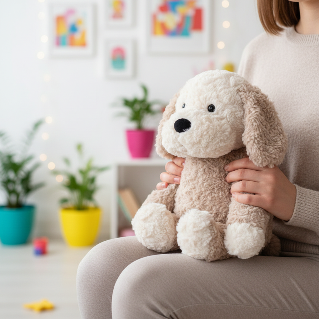 Person holding a plush toy in a room with colorful decor and plants