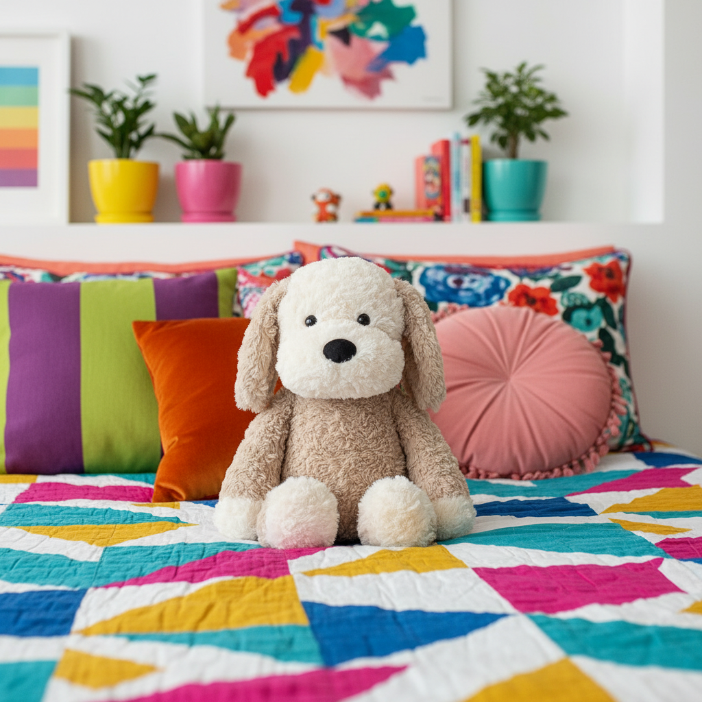 Colorful bedding with a dog plush toy and decorative pillows in a bedroom setting.