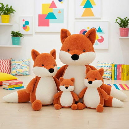 Set of fox plush toys in a room with colorful decorations