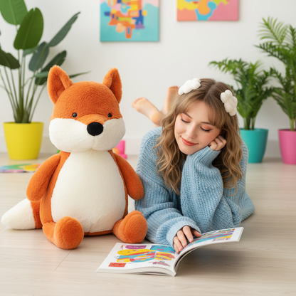 Woman in a blue robe reading a book next to a large plush fox toy in a room with plants and colorful decorations.