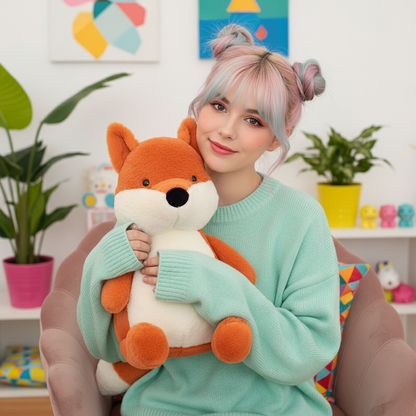 Person holding a plush fox toy in a colorful room with plants and toys.