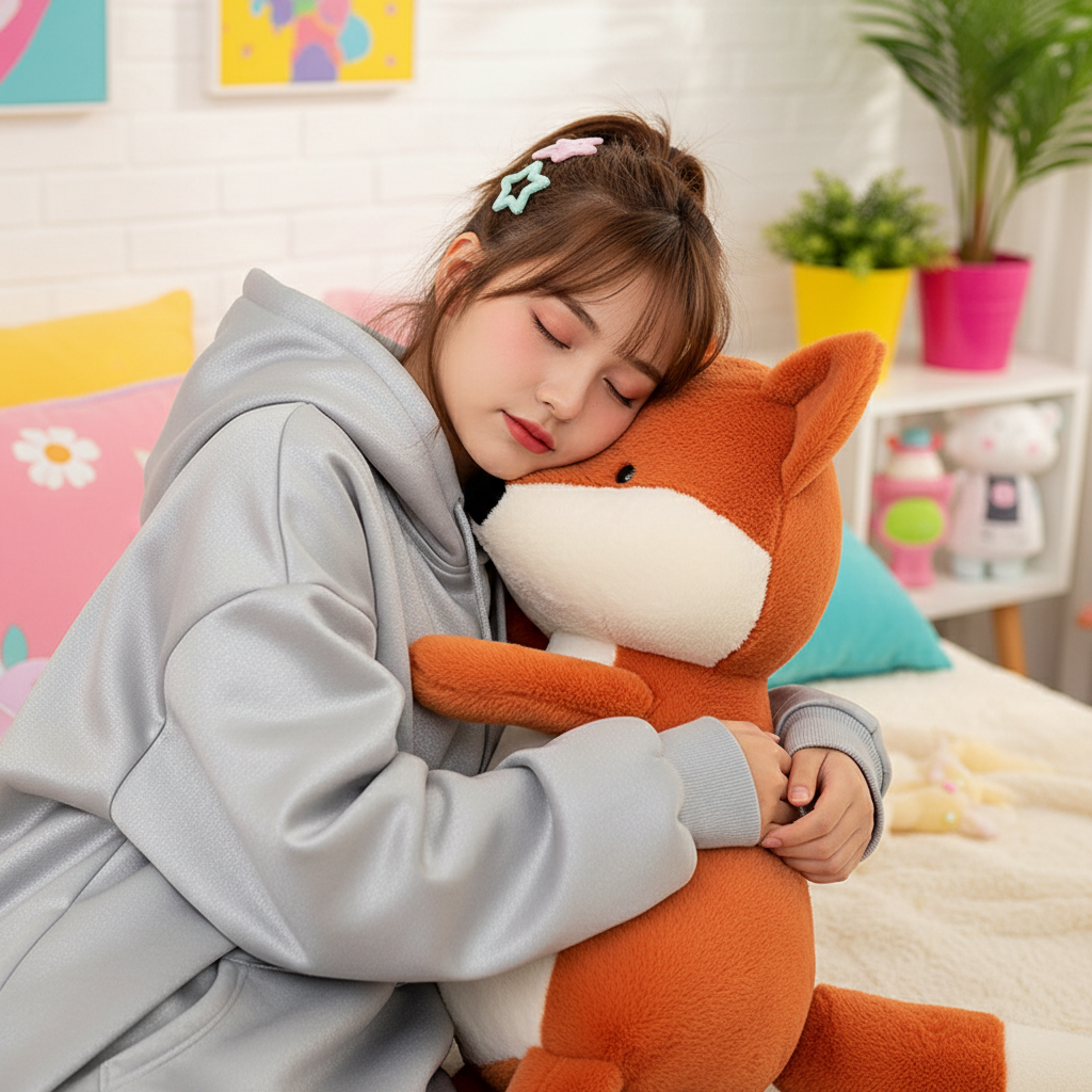 Person holding a plush fox toy in a cozy room with colorful decor
