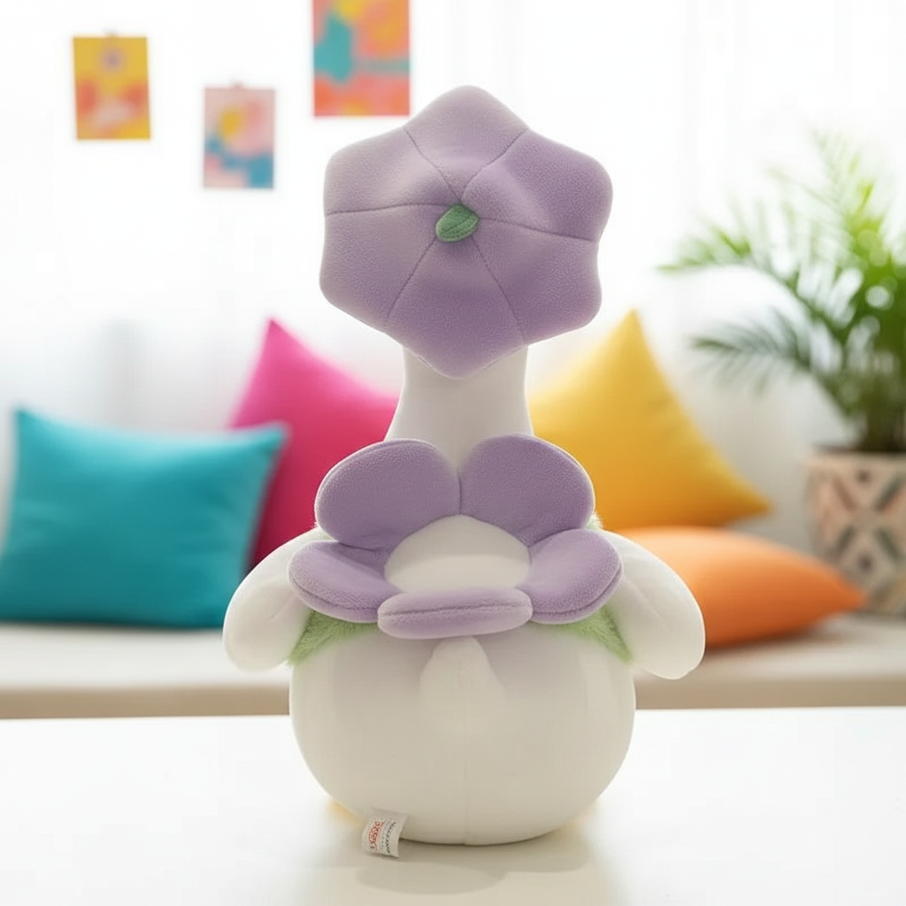 Plush toy duck with a flower of a purple petal on a blurred indoor background