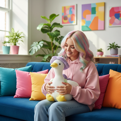 Woman with colorful hair holding a plush duck toy in a bright living room.