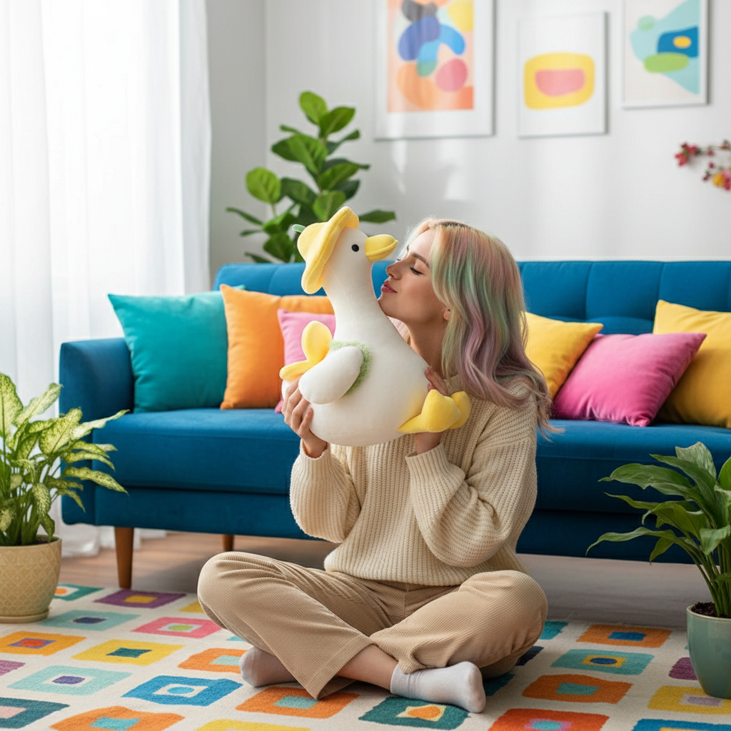 Woman holding a large plush duck toy in a colorful living room.