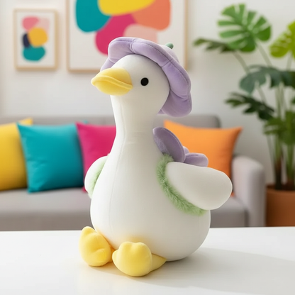 Plush toy goose with a purple hat in a colorful living room setting