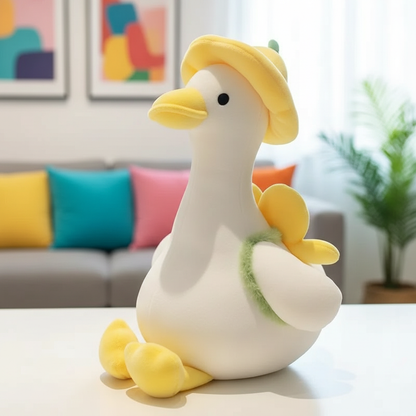 Plush toy duck with a yellow hat on a table in a living room setting