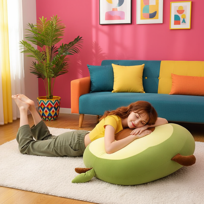Woman lying on an avocado-shaped pillow in a colorful living room.