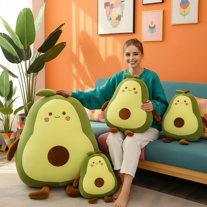 Woman sitting on a couch holding avocado-shaped plush toys in a bright living room.