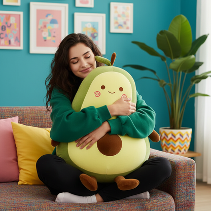 Woman hugging a large avocado-shaped pillow in a colorful living room.