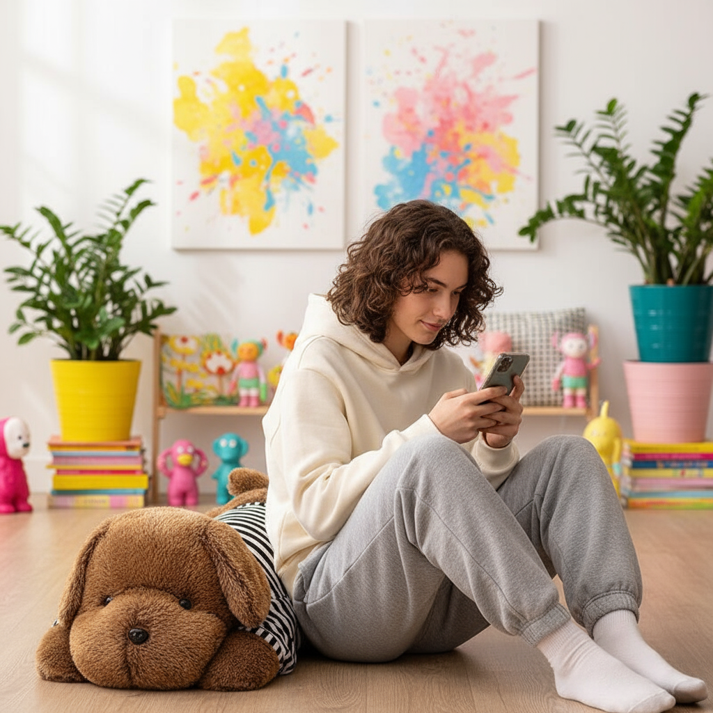 Young man sitting on the floor with a large plush dog, using a phone in a room with colorful abstract art and plants.