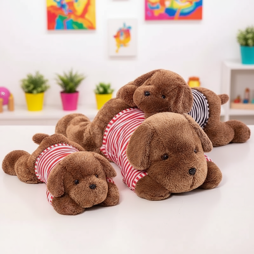 Three brown plush dogs wearing striped shirts on a white surface with colorful background