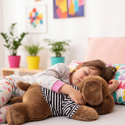 Child sleeping on a bed with a plush dog, surrounded by colorful decor
