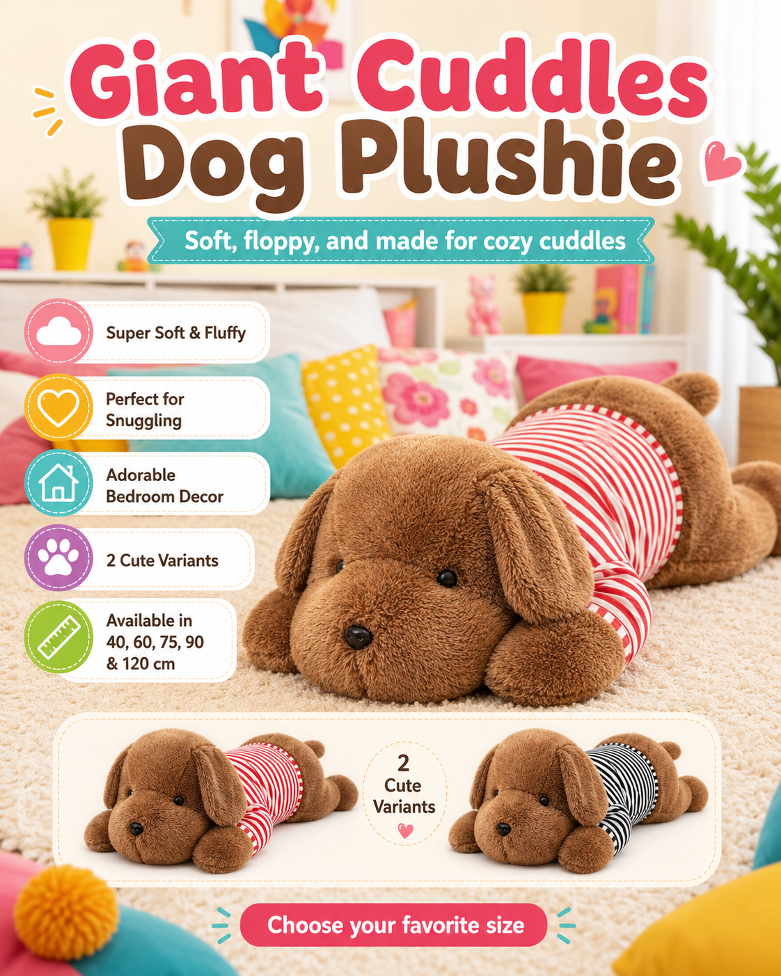 A plush dog toy labeled 'Giant Cuddles Dog Plushie' shown lying on a carpet in a styled room scene. The plush is medium brown with a red-and-white striped shirt.