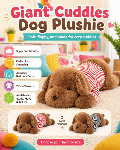 A plush dog toy labeled 'Giant Cuddles Dog Plushie' shown lying on a carpet in a styled room scene. The plush is medium brown with a red-and-white striped shirt.