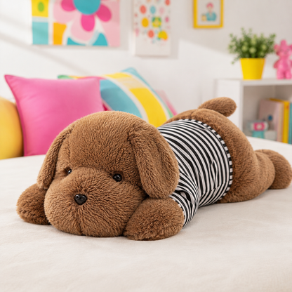 Brown dog stuffed animal in a black and white stripped shirt laying on a white bed in a colorful bedroom.