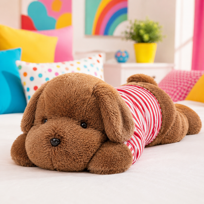 Brown dog stuffed animal in a red and white stripped shirt laying on a white bed in a colorful bedroom.