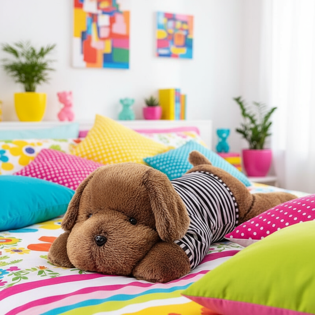 Plush dog on a colorful bed with a playful room setting