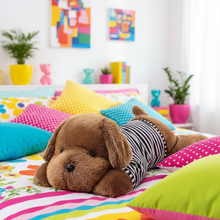 Plush dog on a colorful bed with a playful room setting