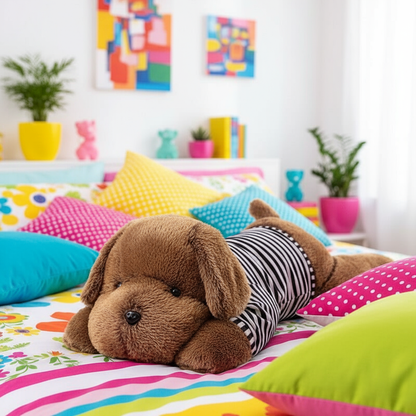 Plush dog on a colorful bed with a playful room setting