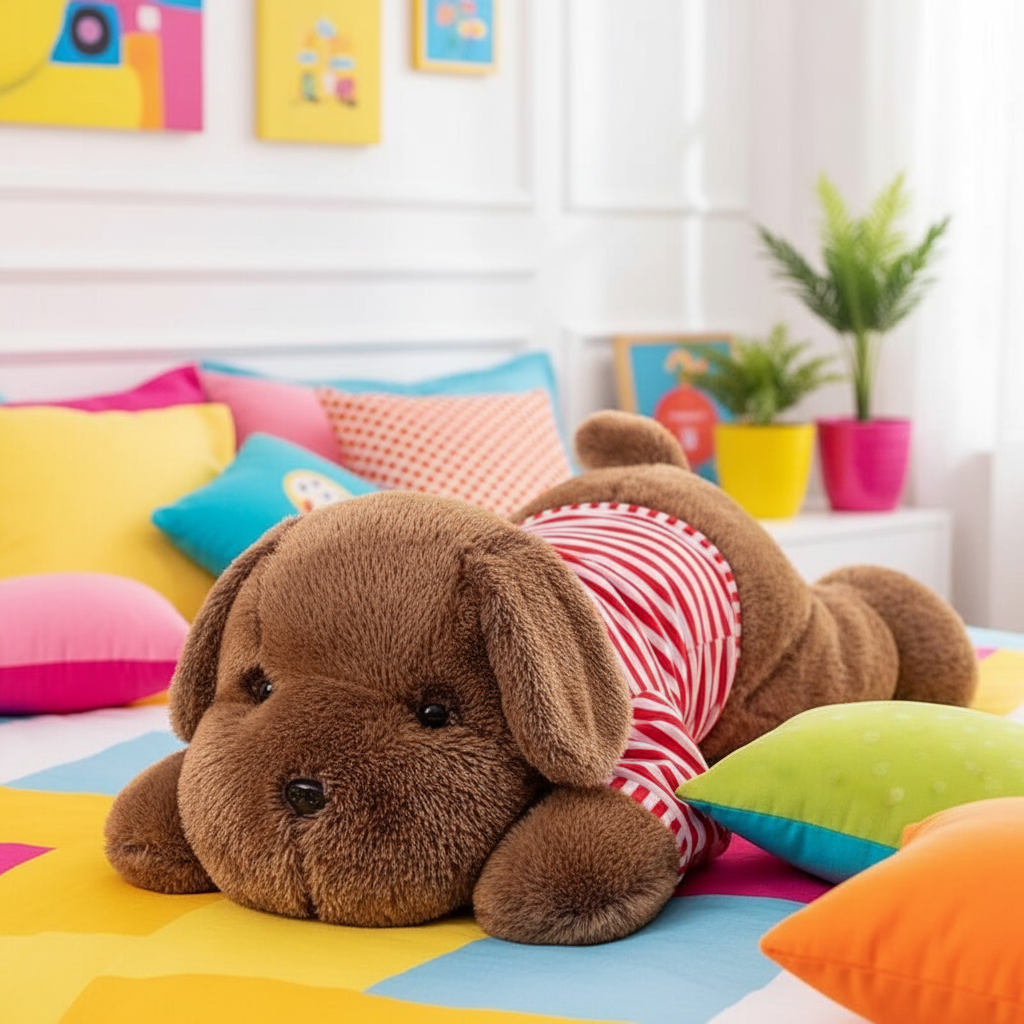 Plushie dog on a colorful bed with a bright room in the background