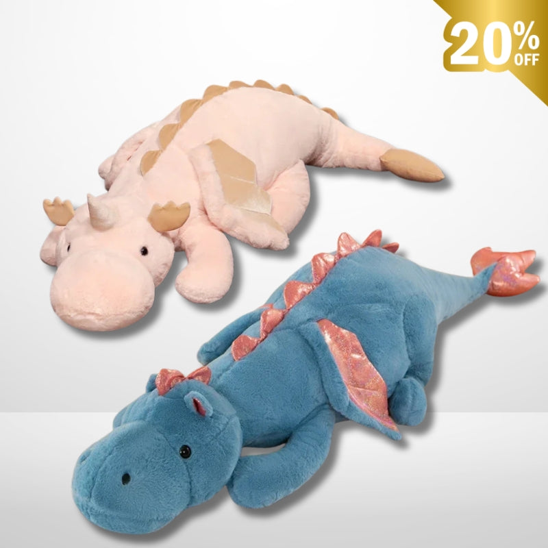 Two plush dragon toys, one pink and one blue, on a light gray background with a 20% off label.