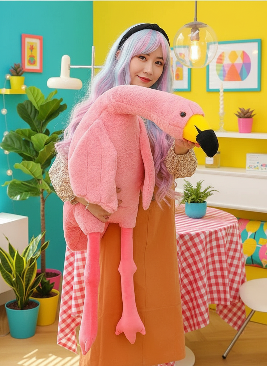 Person holding a large pink plush flamingo in a colorful room with plants and furniture.