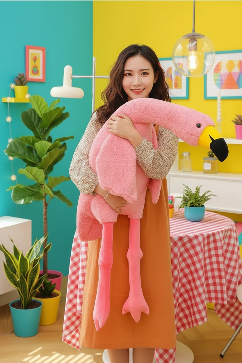 Woman holding a large pink flamingo plush toy in a colorful room with plants and furniture.