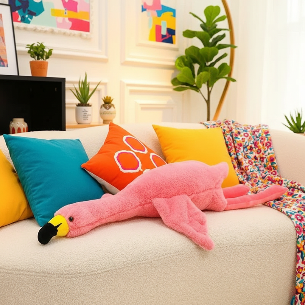 Pink flamingo plush toy on a colorful couch with decorative pillows and plants.