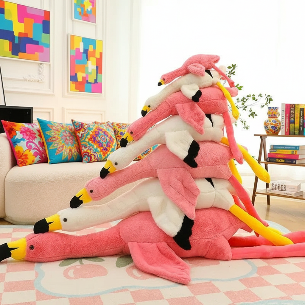 Stack of pink flamingo plush toys in a living room setting with colorful cushions and books.