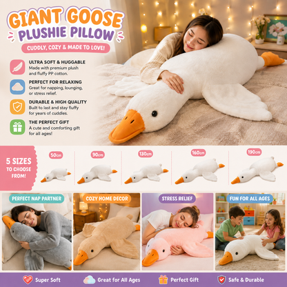 A giant plush goose pillow shown in a cozy bedroom setting with a woman lying on it, plus marketing text, size options, and smaller lifestyle photos of children using the pillow. The product is a white goose-shaped plush toy with orange beaks and feet, black eyes, and a soft stuffed body.