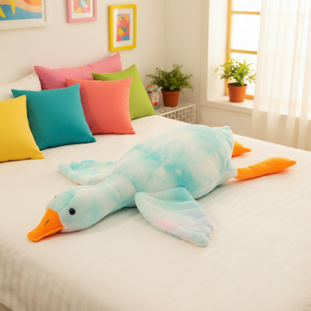 Large plush goose toy on a bed with colorful pillows in a bright bedroom.