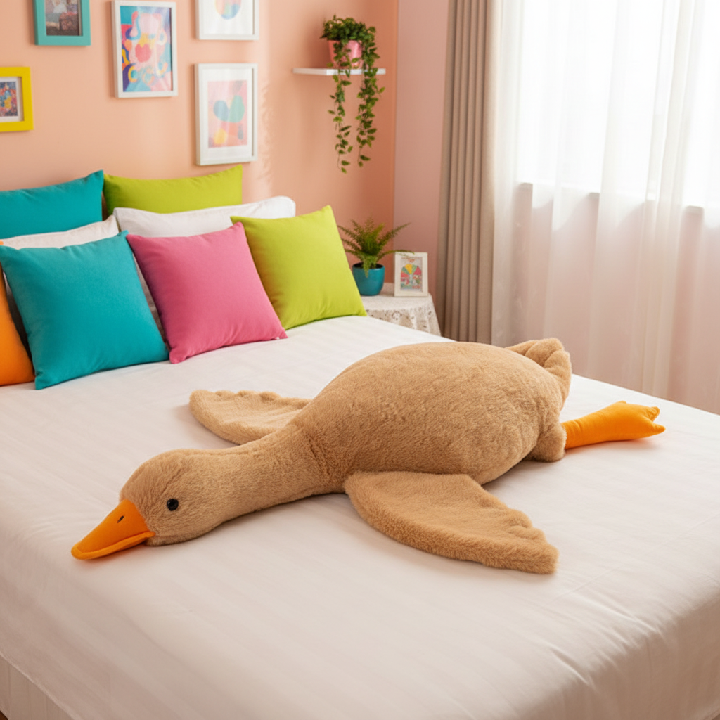 Plush goose toy on a bed with colorful pillows in a bright bedroom.