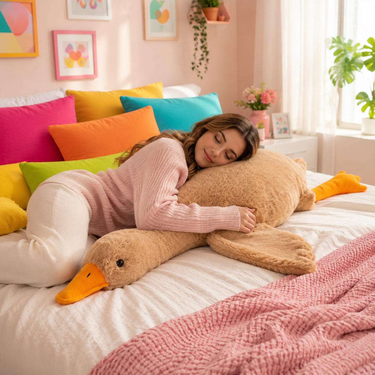 A woman in a pink ribbed sweater and white pants rests on a bed with a large plush goose pillow. The room has pastel pink walls, colorful pillows, framed art, and a bright window with plants.