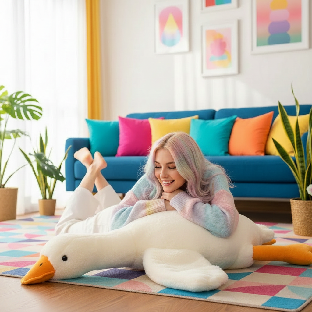Woman lying on a colorful rug with a large goose-shaped plushie pillow in a bright living room.