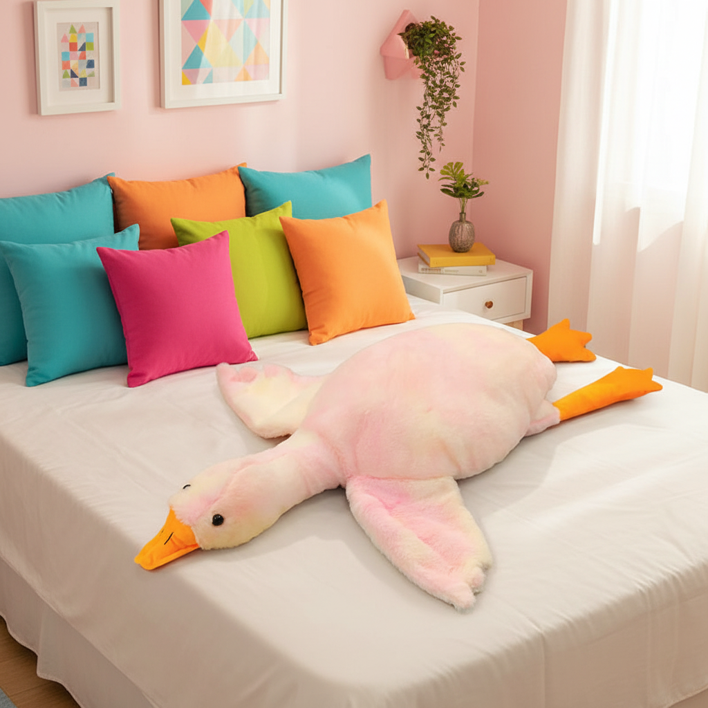 Colorful pillows on a bed with a large cartoon goose plush toy in a bedroom setting.