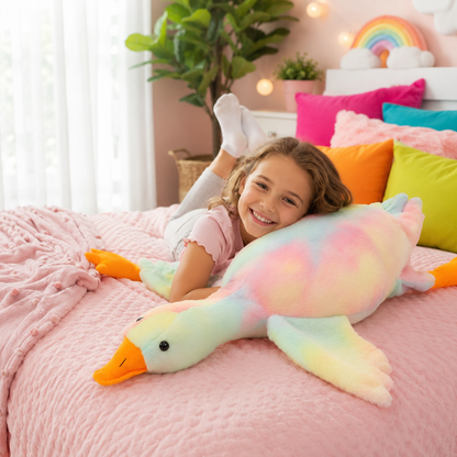A smiling young girl lies on a pink bed, holding a large pastel rainbow goose plush toy with an orange beak and orange feet. The room has colorful pillows, a plant, and a rainbow decoration in the background.