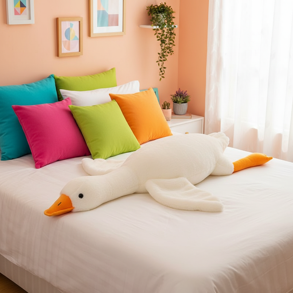 Colorful pillows on a bed with a large plush goose toy in a bedroom setting.